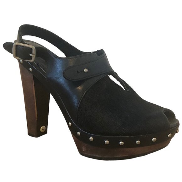 UGG Heels Women's Size 8.5 Black Leather Studded CALF HAIR Nicco Shoes Peep Toe - Picture 11 of 11